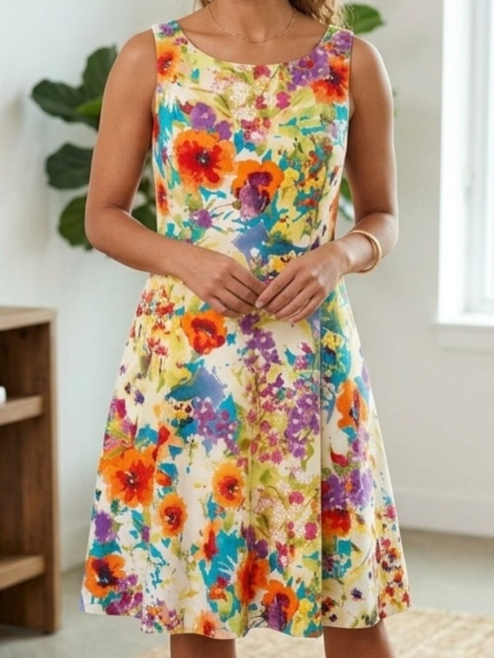 Evan Picone Black Label Watercolor Floral Fit & Flare Dress Sz 12 Orange Teal